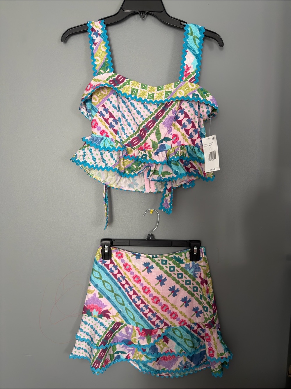 TCEC Multicolor Floral Print Crop Top & Skirt Set with Turquoise Trim